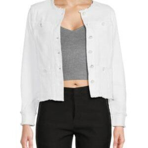 Ecru ​Women's Frayed-Trim button down long sleeve cropped Denim Jacket, white, M
